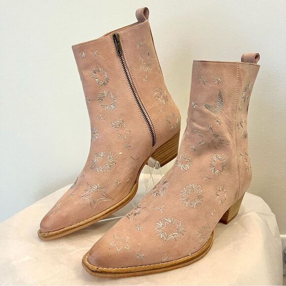 Free People Suede Embroidered Bowers Boots In Perfect Pink Size 7.5 (38) NIB - Picture 5 of 16
